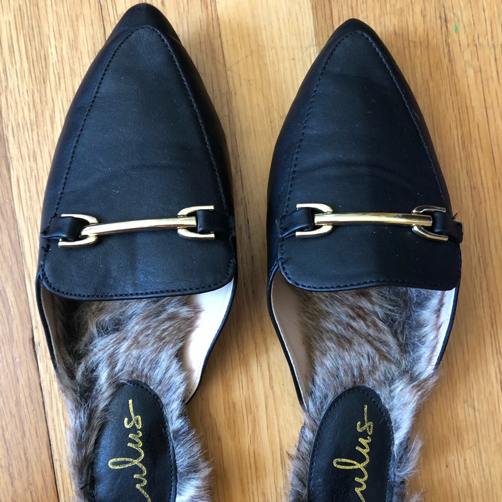 Lulu’s pointed toe faux fur open back flats